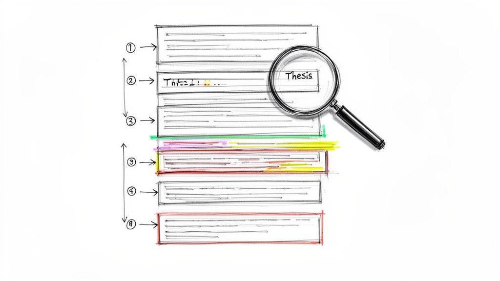 Hand-drawn illustration of document revision, with a magnifying glass over 'Thesis' and highlighted sections.