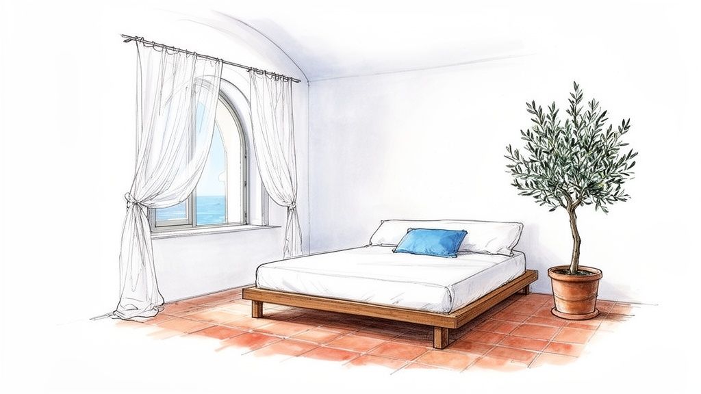 A watercolor sketch of a minimalist Mediterranean bedroom with an arched window, bed, and olive tree.