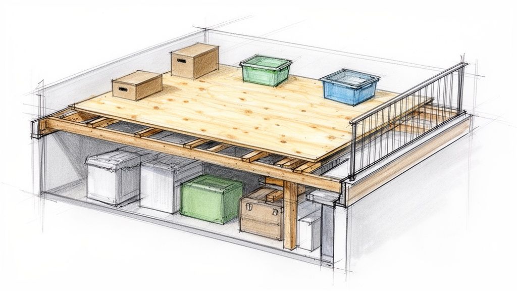 An isometric sketch depicting an elevated wooden storage platform, organizing items both above and below, within an attic or garage space.