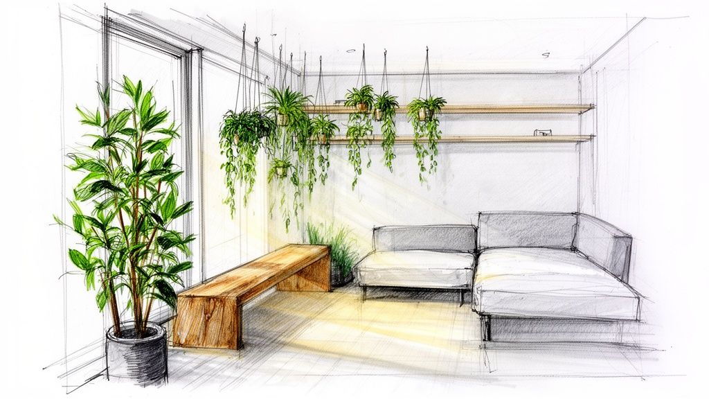 A vibrant hand-drawn sketch of a modern living room interior with lush green plants.