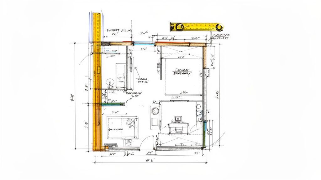 A hand-drawn architectural floor plan of a condominium unit showing rooms, dimensions, and furniture.