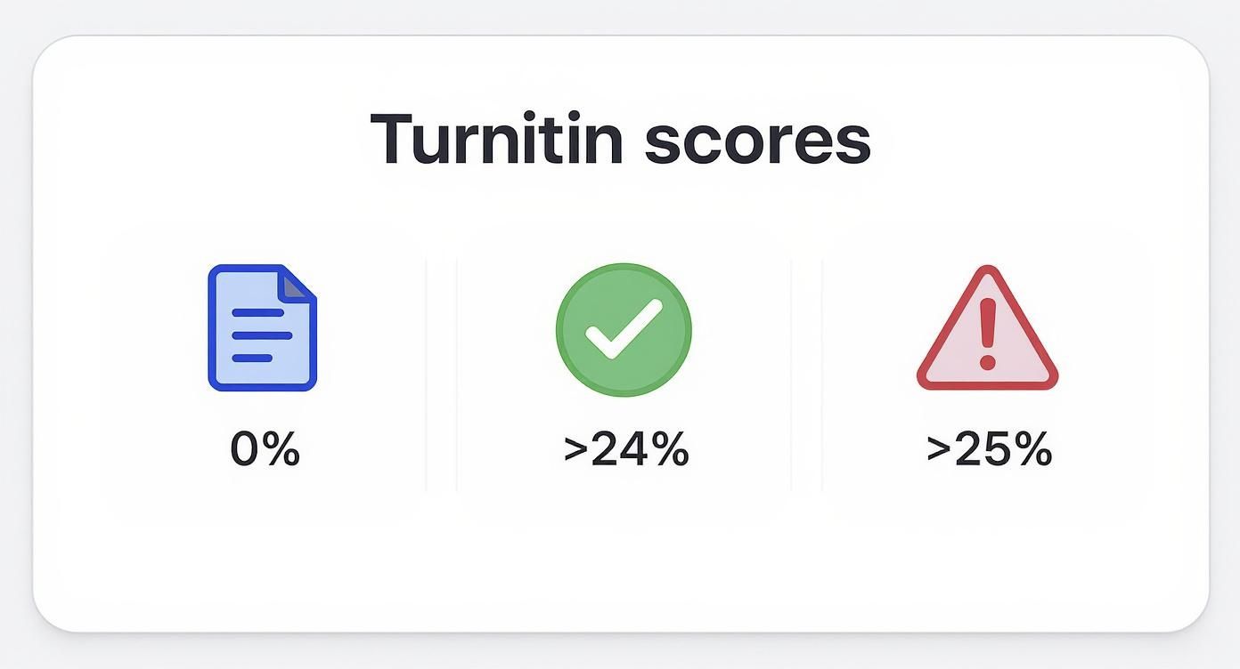 Turnitin scores breakdown: 0% shown with a document icon, >24% with a green checkmark, and >25% with a red warning triangle.