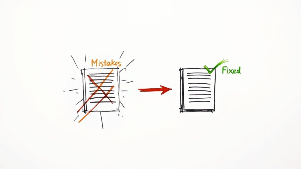 Hand-drawn diagram showing a document with 'Mistakes' being corrected into a 'Fixed' version with a green checkmark.