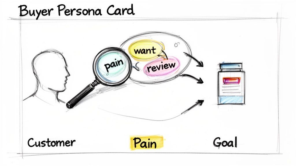 A diagram illustrates a buyer persona card, showing customer pain points, wants, and goals.