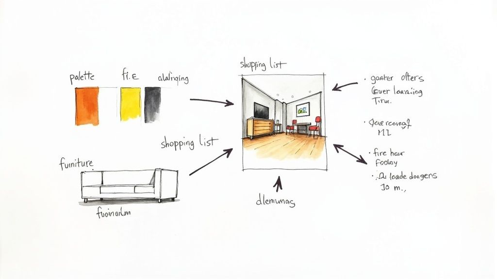Conceptual sketch for interior design featuring a color palette, sofa, room layout, and planning notes.