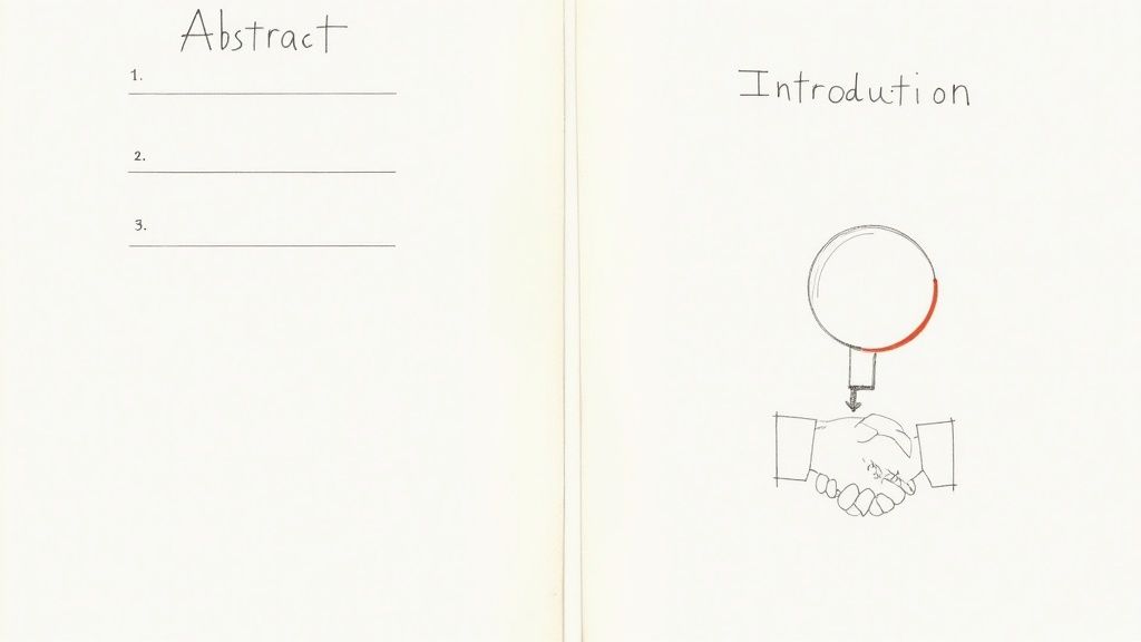 A person carefully writing in a notebook, symbolizing the crafting of an introduction and abstract.