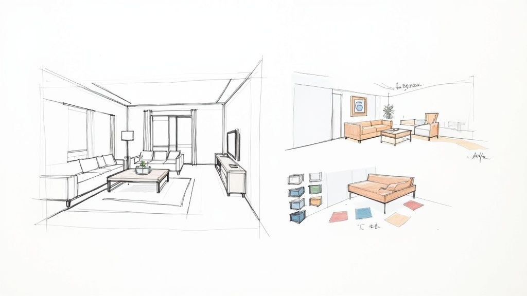 Multiple hand-drawn interior design sketches showing living room layouts, furniture, and color palette options.