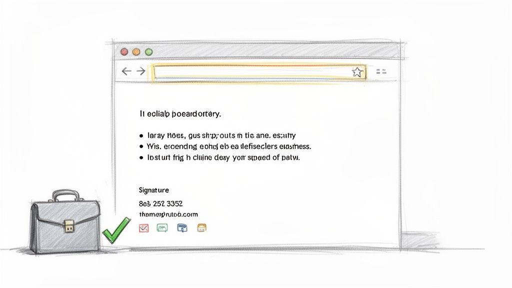 Sketch of an email interface with professional signature, contact info, briefcase, and checkmark.