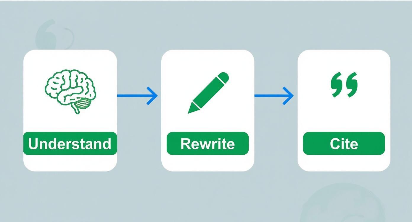 Three-step process showing understand, rewrite, and cite stages for effective paraphrasing without plagiarism
