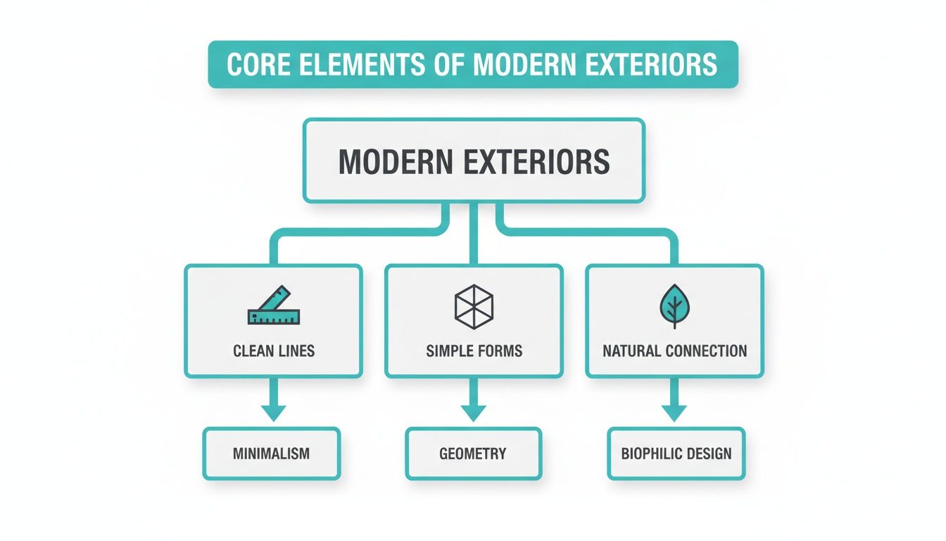 A diagram showcasing the core elements of modern exteriors: clean lines, simple forms, and natural connection.