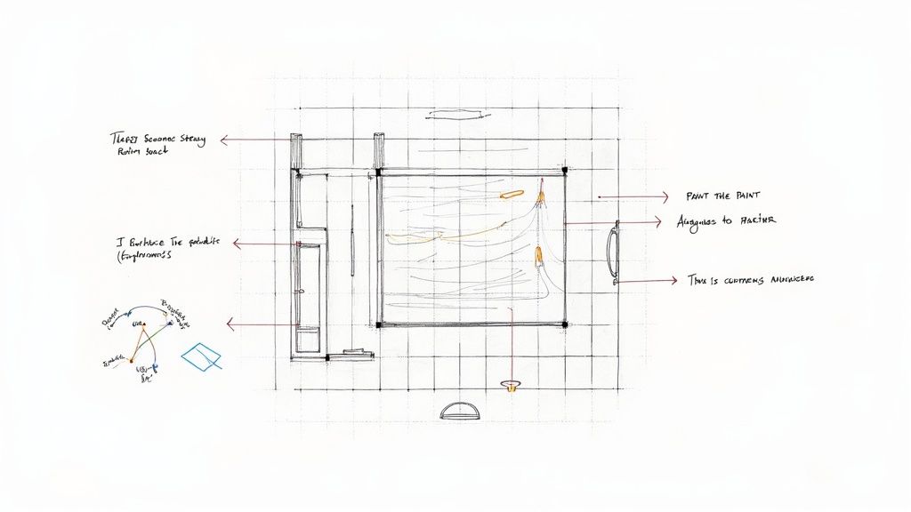 Architectural sketch showing gallery wall layout with paint colors and hardware placement annotations