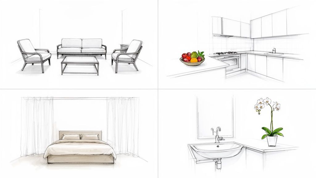 Four pencil sketches illustrating different home interior designs: a living room, kitchen, bedroom, and bathroom.