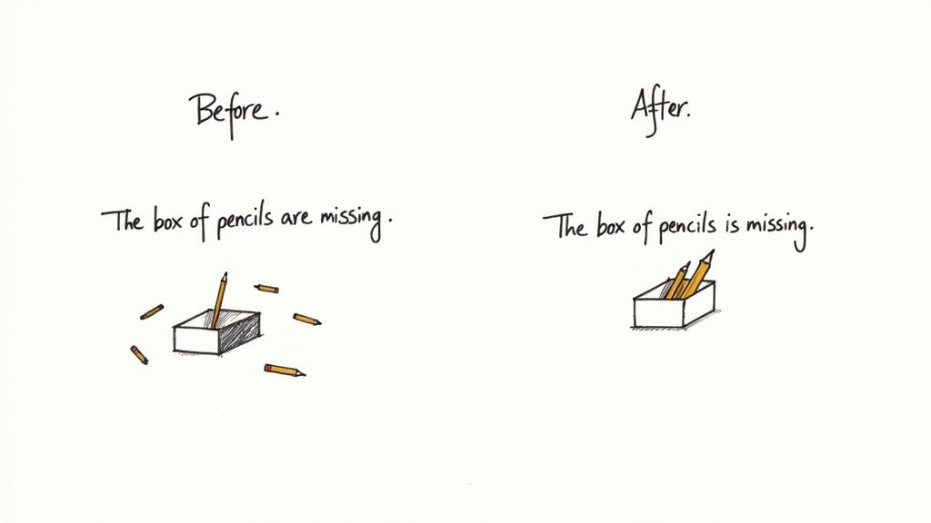 A grammar illustration comparing 'The box of pencils are missing' (incorrect) with 'is missing' (correct).