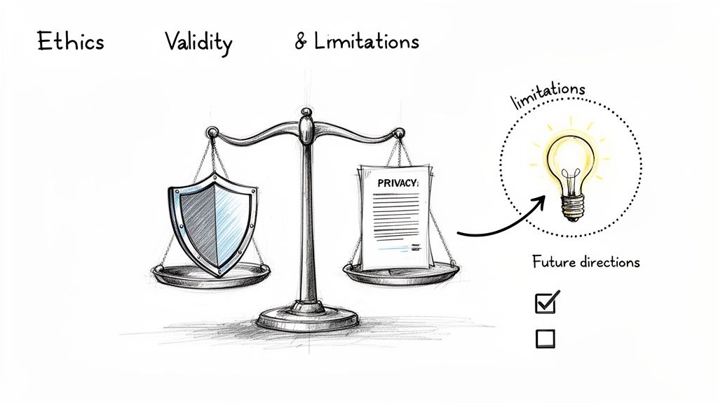 A hand-drawn illustration depicting scales balancing a shield and a document labeled 'PRIVACY', representing ethics and validity considerations.