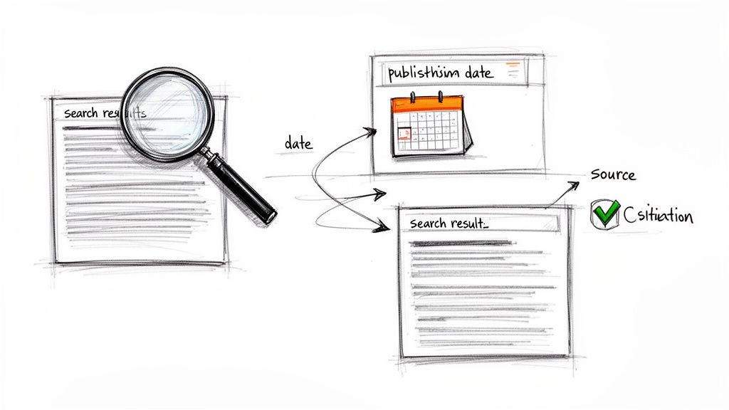 Illustration of reviewing search results for publication date and source citation using a magnifying glass.
