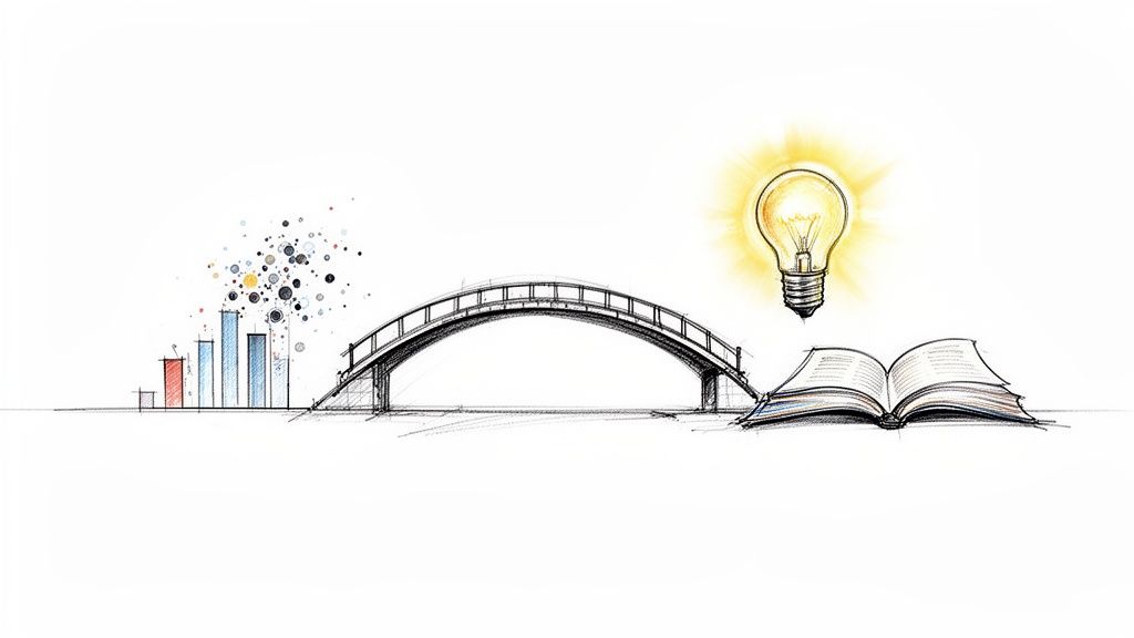 A sketch illustrates data visualization, a connecting bridge, an open book, and a bright light bulb, symbolizing insight.
