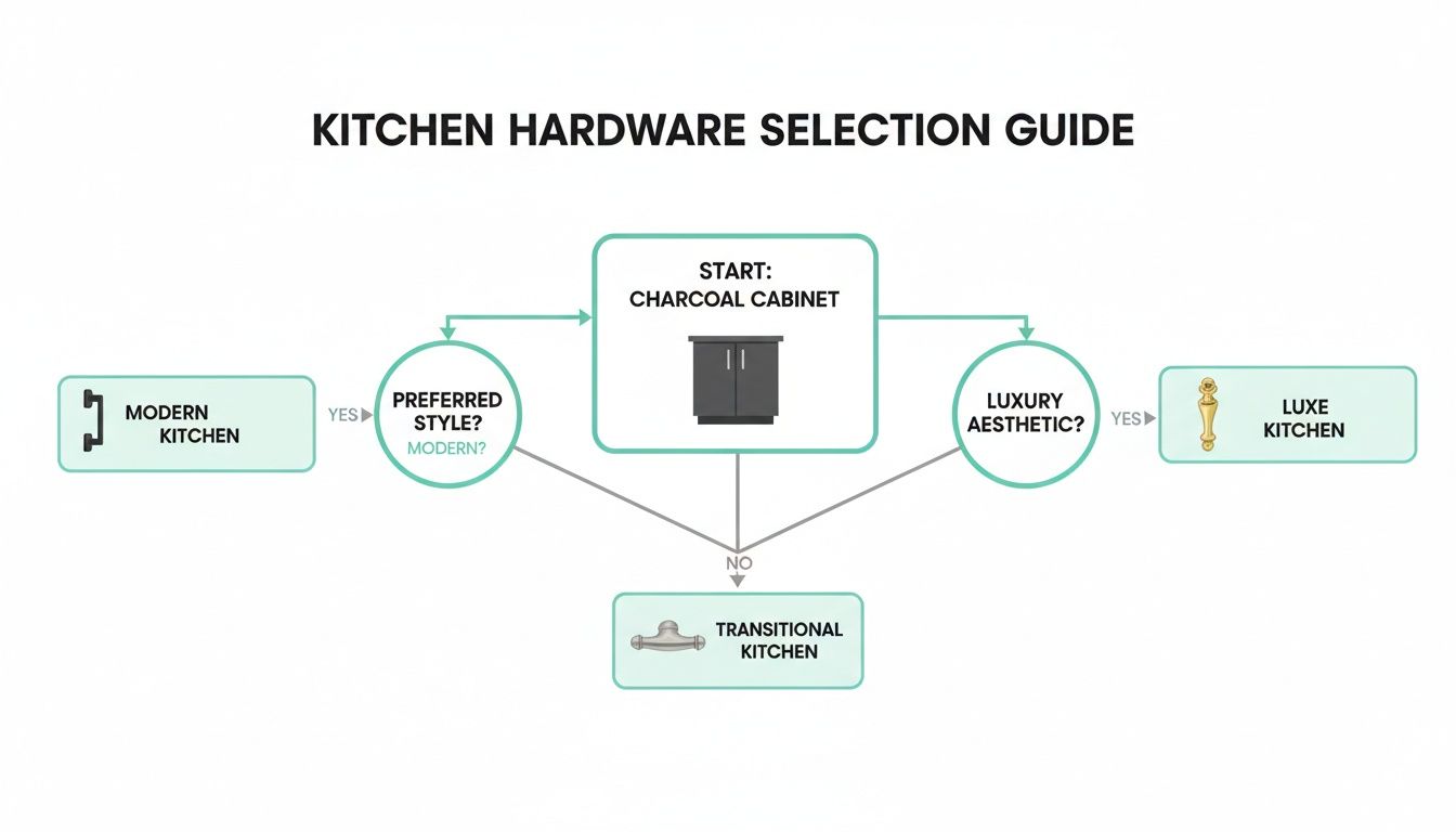 A flowchart showing kitchen hardware selection guide for charcoal cabinets, categorizing into modern, luxe, and transitional styles.