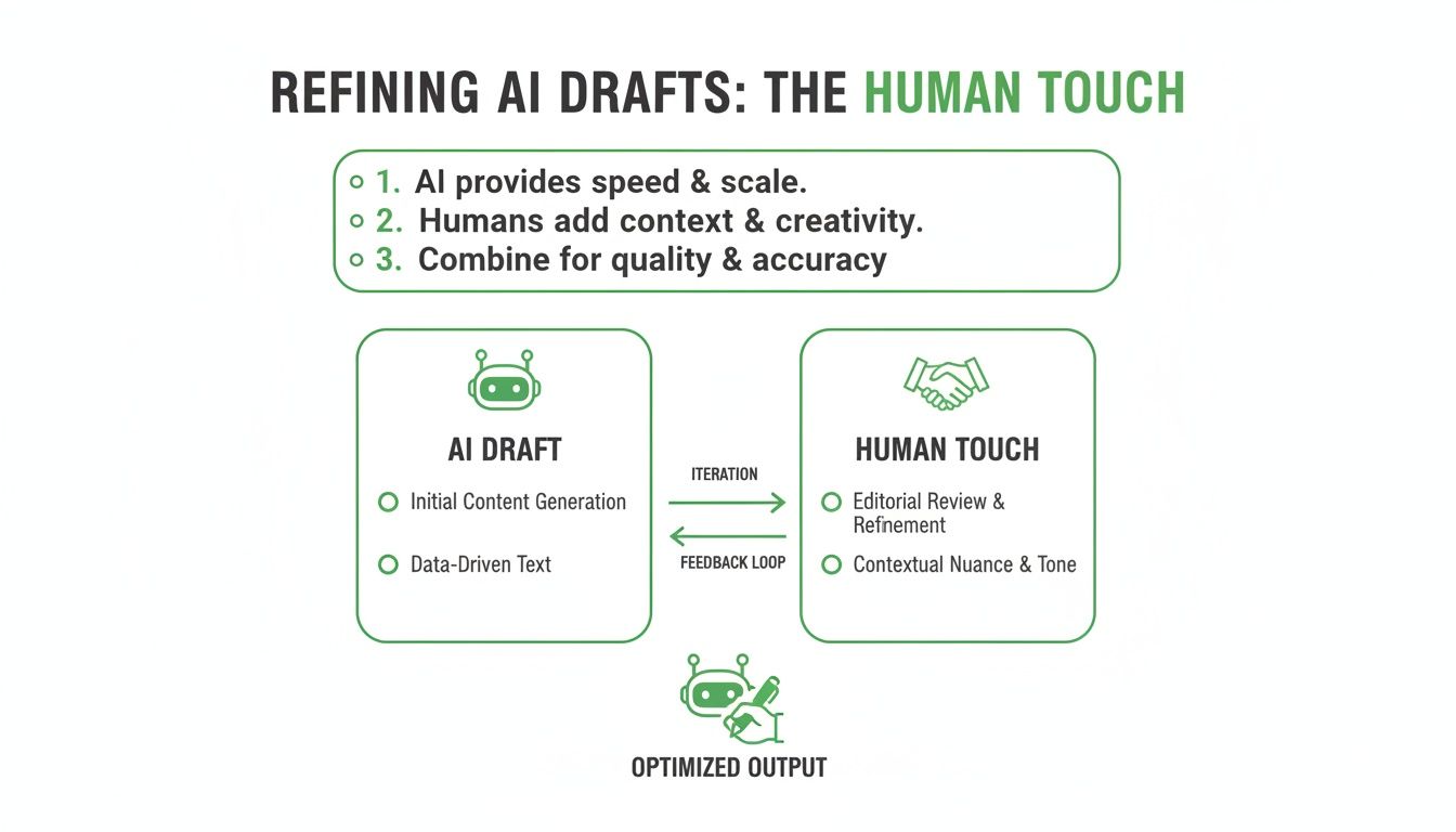 Diagram illustrating the process of refining AI drafts with human creativity for optimized content output.