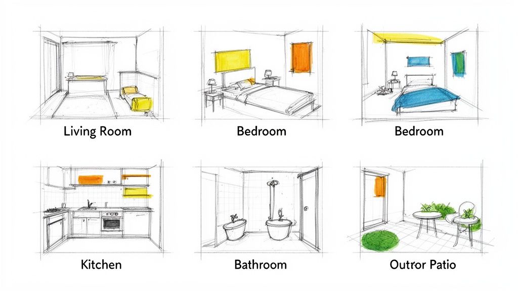 Sketches of various interior and exterior room designs, including living room, bedrooms, kitchen, bathroom, and patio.