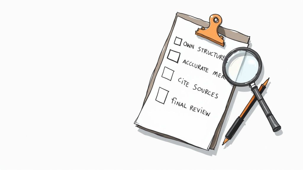 Checklist on clipboard with magnifying glass and pen showing writing quality control steps