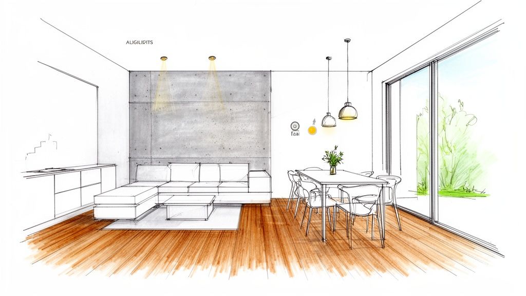 Sketch of a modern open-concept living and dining space with a concrete wall and outdoor view.