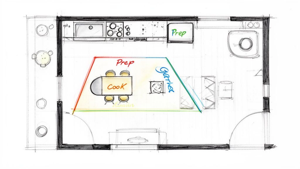 Hand-drawn sketch of a kitchen layout showing prep, cook, and gather zones.