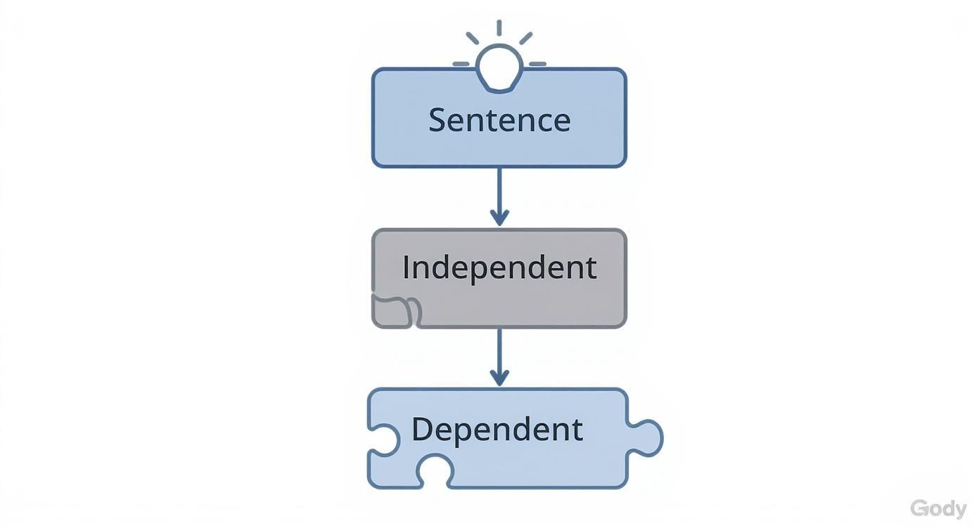 An infographic showing the hierarchy of a sentence, with the main sentence at the top, followed by the independent clause as the main structure, and the dependent clause as a supporting piece.