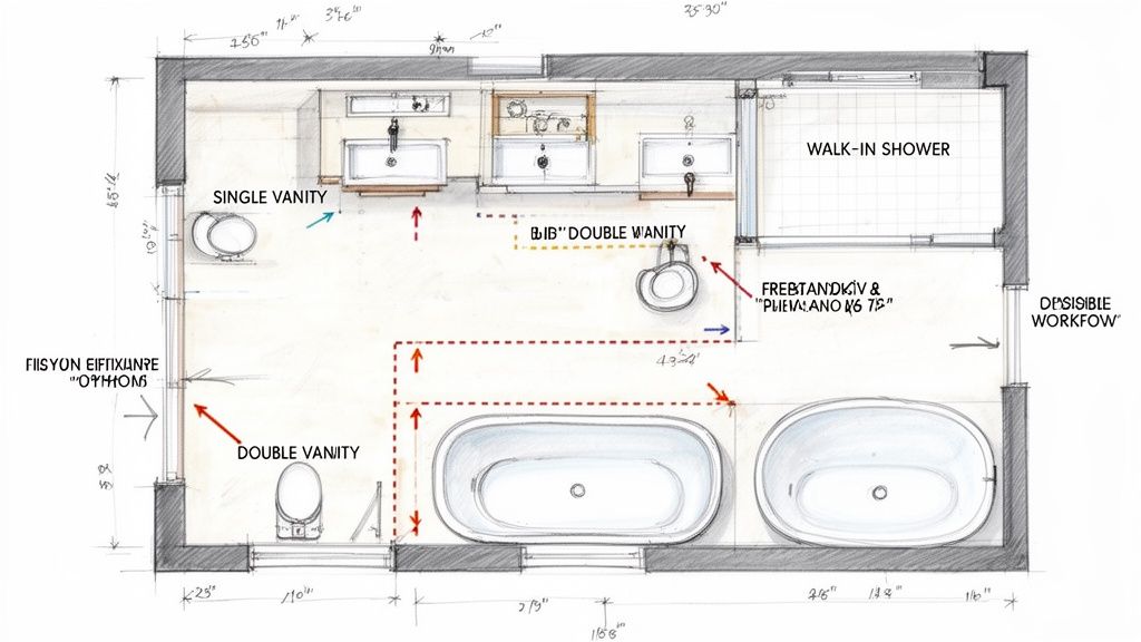Detailed architectural sketch of a bathroom floor plan with multiple vanities, tubs, and shower.