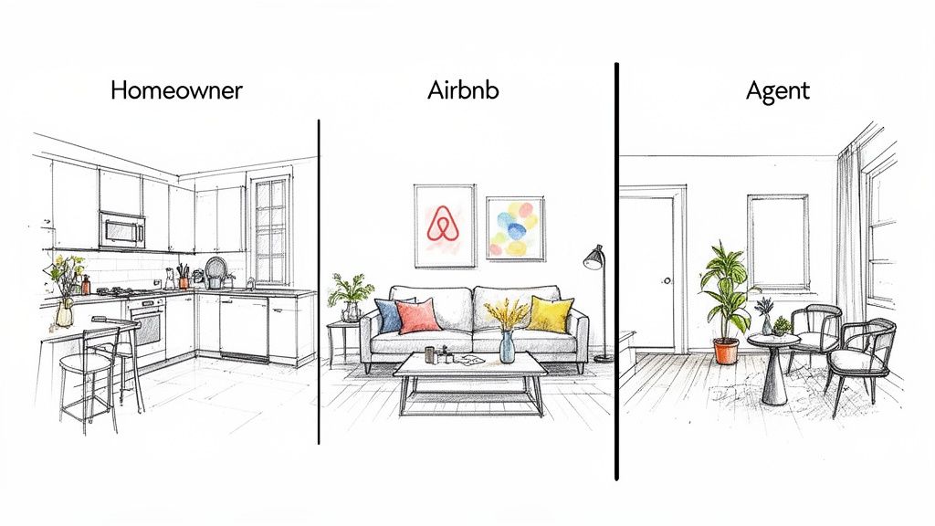 Detailed sketch showing three interior room designs: homeowner kitchen, Airbnb living room, and agent's staged room.