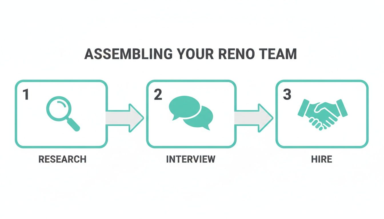 A three-step infographic showing to assemble a renovation team: research, interview, and hire.