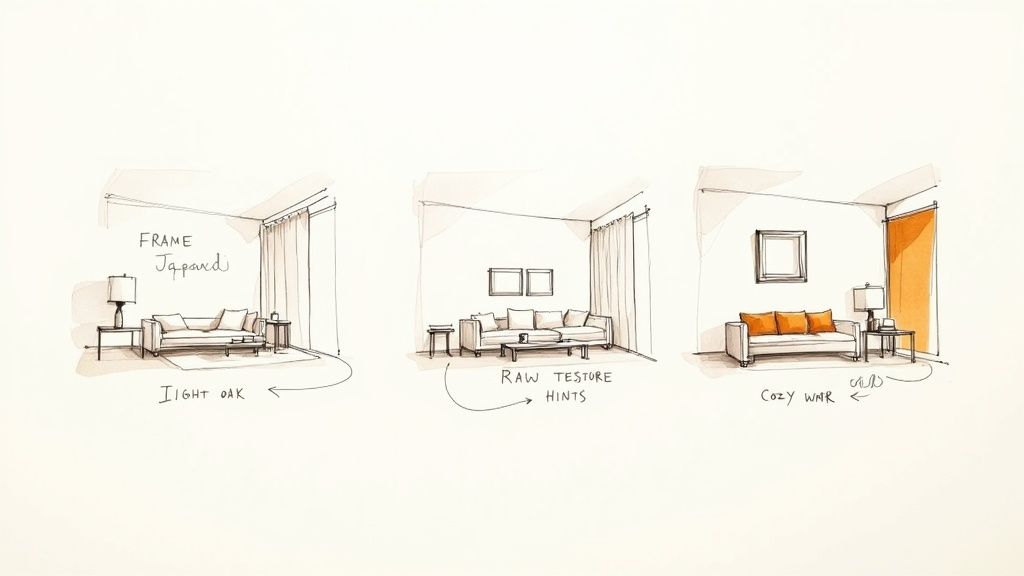 Architectural sketches showing different living room styles: Japandi, raw texture, and cozy.