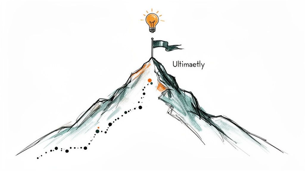 Illustration of a winding path up a mountain to a flag and a glowing light bulb, symbolizing an idea.