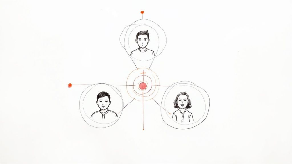 Illustration of three diverse individuals connected to a central red hub, depicting a relationship network.