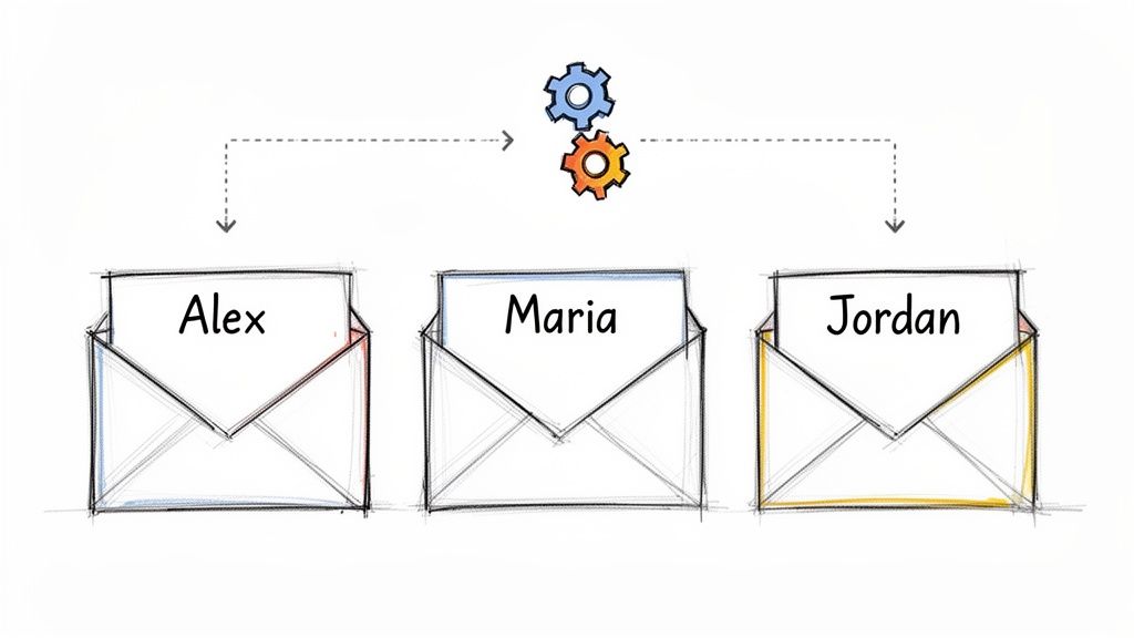 Hand-drawn illustration of gears processing and sending messages to Alex, Maria, and Jordan.
