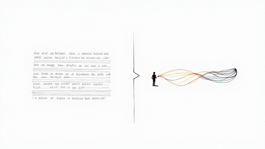 A person's silhouette connected to abstract text by flowing, vibrant, colorful lines on a white background.