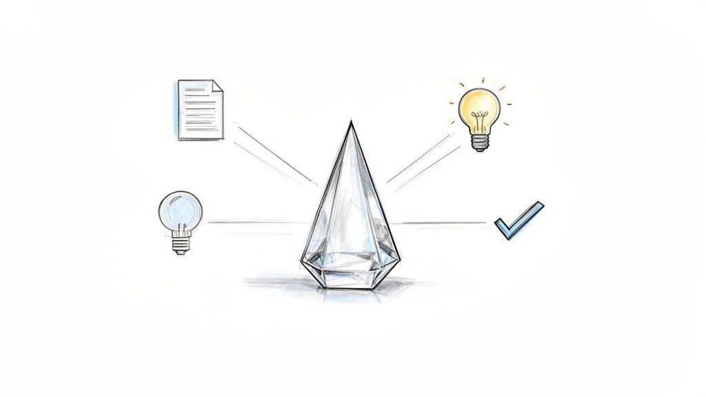 A central transparent prism with lines connecting to a document, an unlit bulb, a lit idea bulb, and a checkmark, illustrating a process.