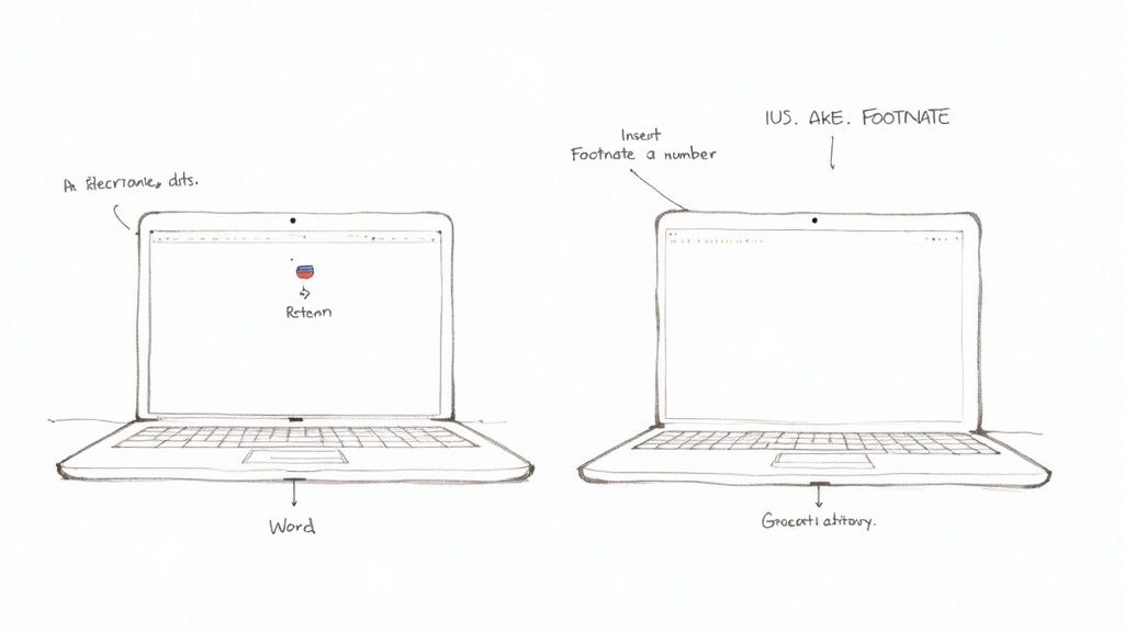Illustration of a magnifying glass over a document, highlighting common APA footnote errors with red X marks.