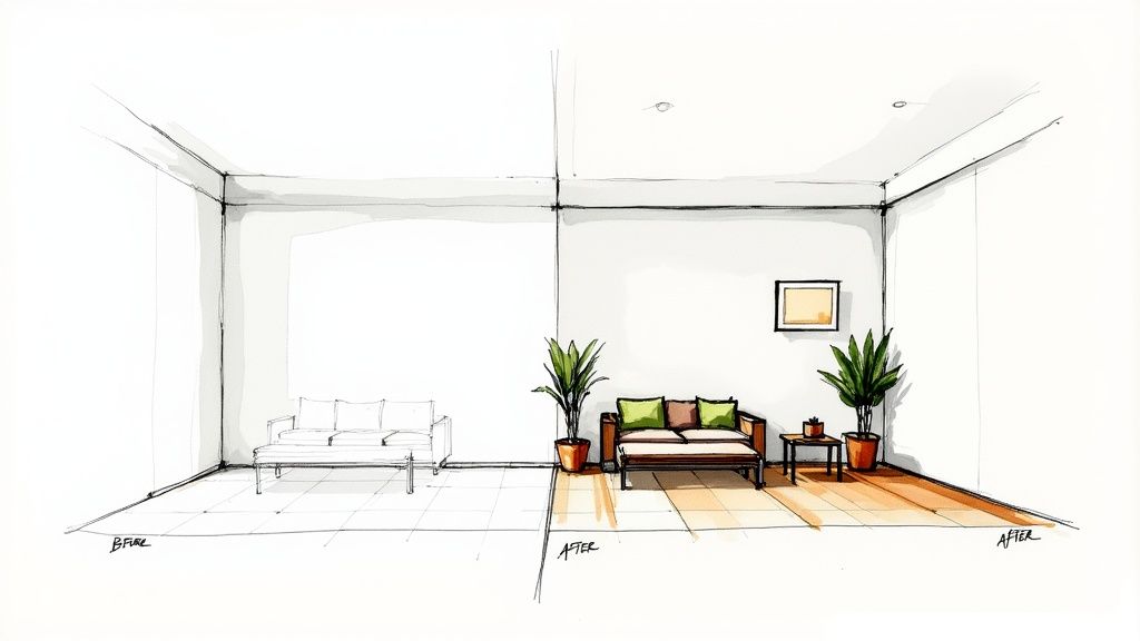 A modern, AI-staged living room with neutral tones, a large window, and minimalist furniture.