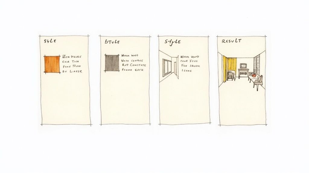 Four hand-drawn sketches depicting interior design concepts, including material swatches, architectural views, and a final furnished room.