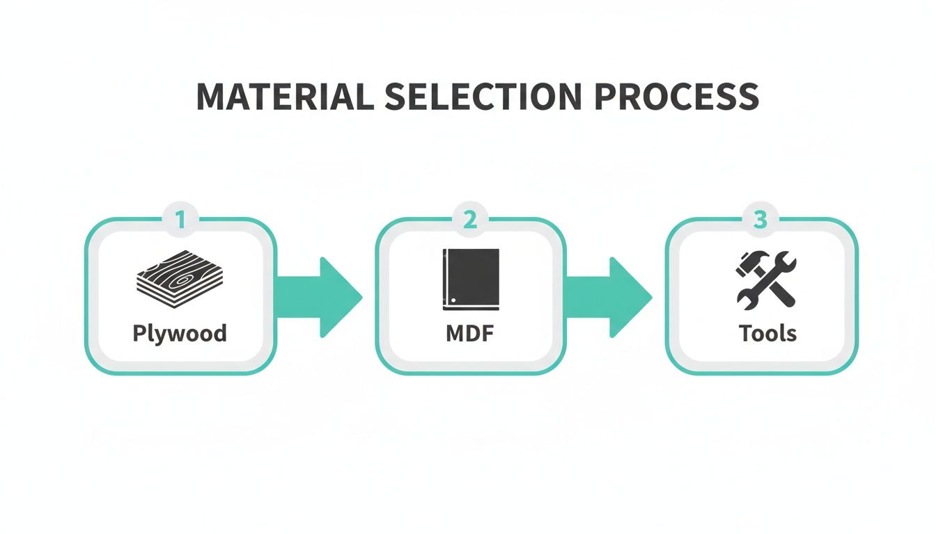 A clear visual diagram showing a three-step material selection process: Plywood, MDF, and Tools.