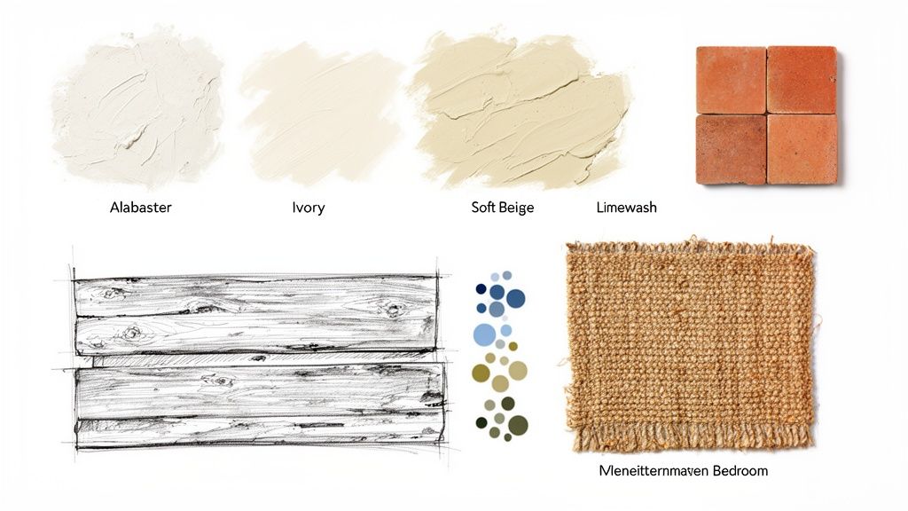 Design elements for a Mediterranean bedroom including paint, wood, terracotta tiles, natural rug, and color palette.