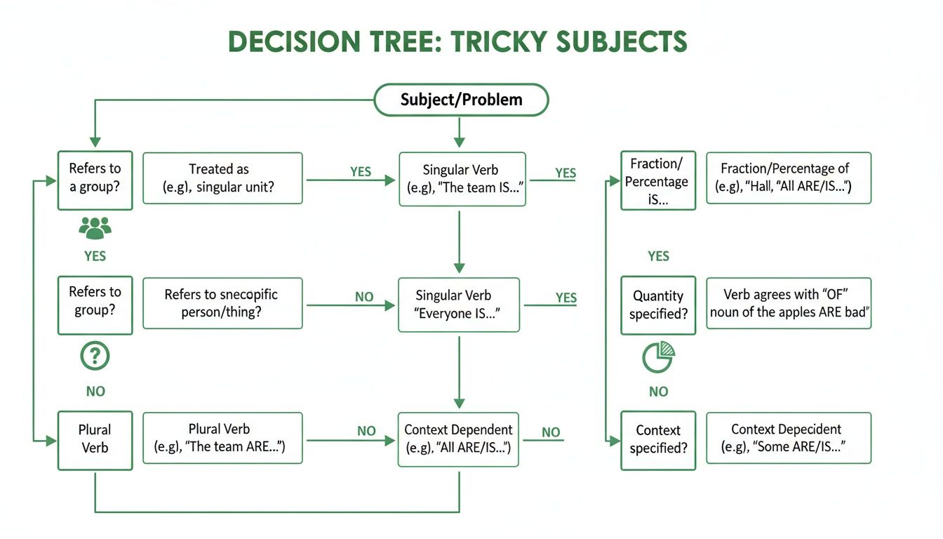A decision tree flowchart detailing grammar rules for subject-verb agreement in tricky subjects.