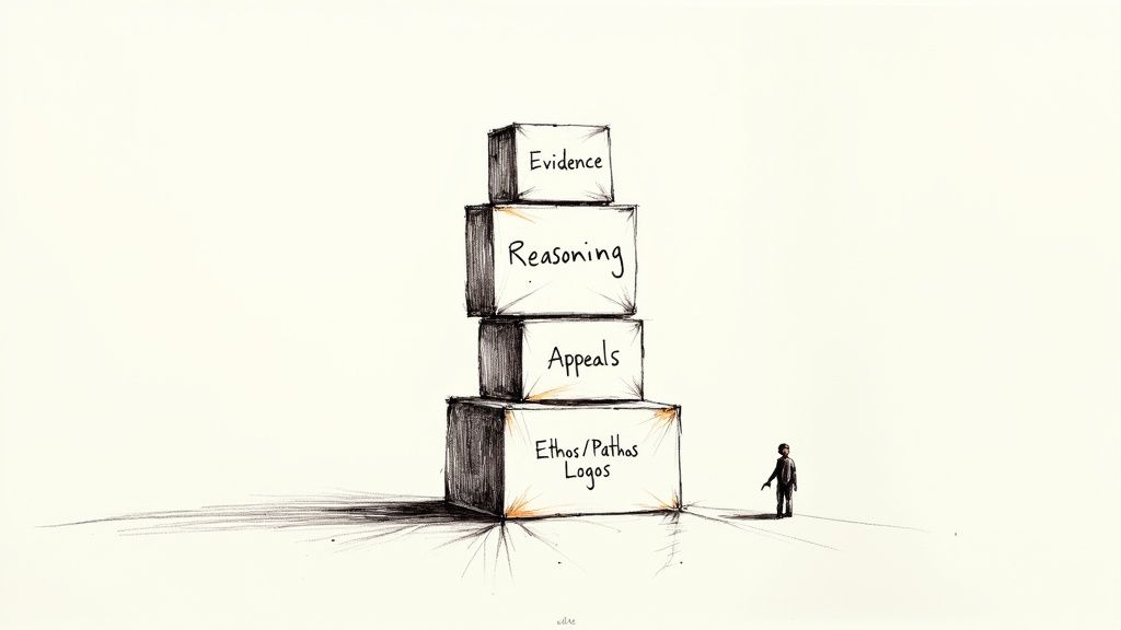Illustration of stacked blocks showing persuasive essay structure: ethos pathos logos, appeals, reasoning, and evidence