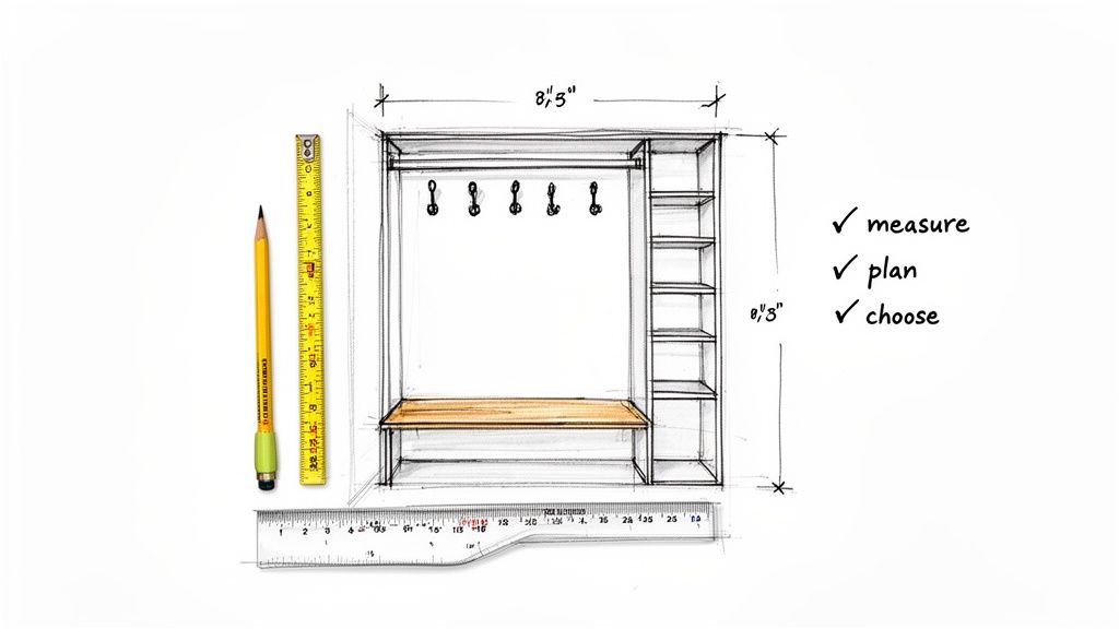 Hand-drawn mudroom design sketch with rulers and a pencil, illustrating the planning process.