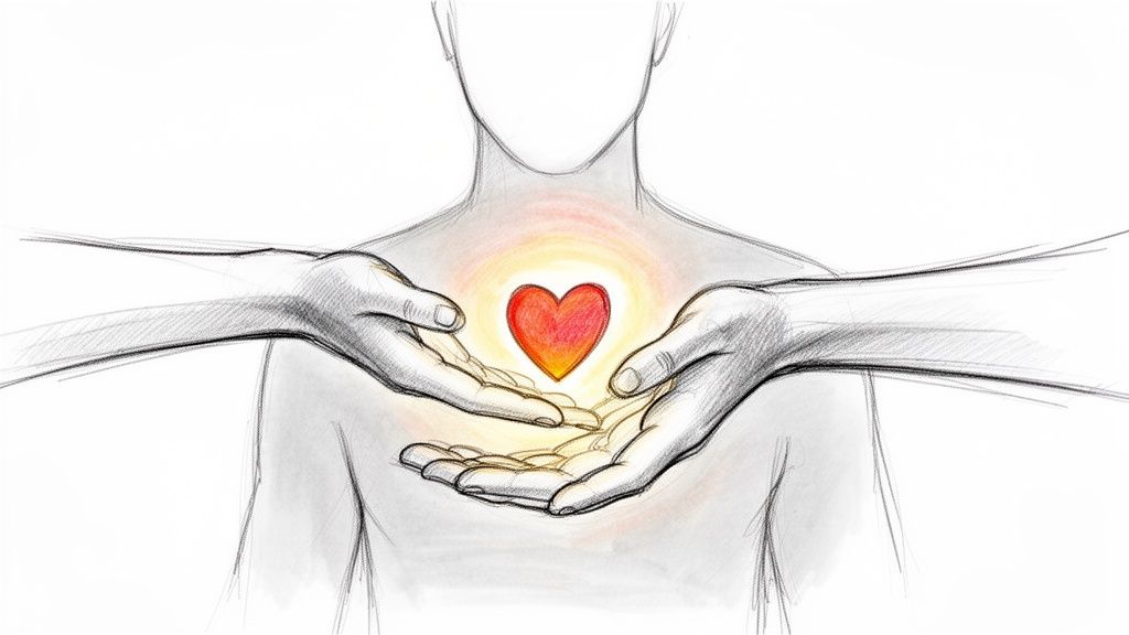 A sketch of hands gently holding a glowing red heart emitting a warm light from a chest.