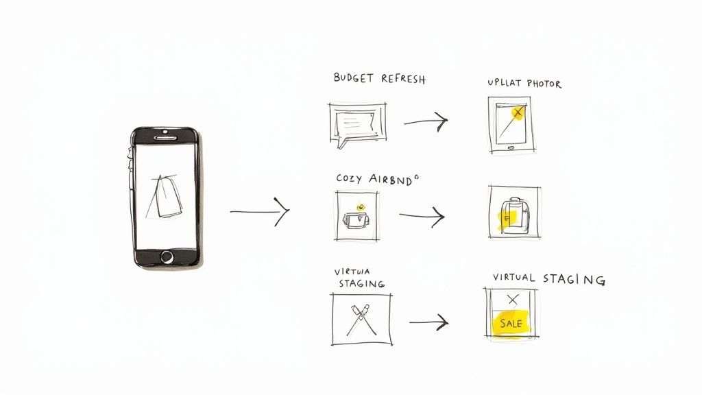 A diagram illustrates a smartphone initiating processes for budget refresh, Airbnb design, and virtual staging for real estate sales.