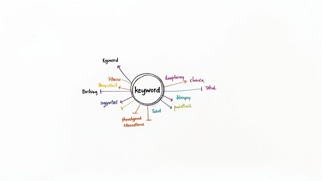 A hand-drawn mind map centered on 'keyword' with various related, handwritten words branching out.