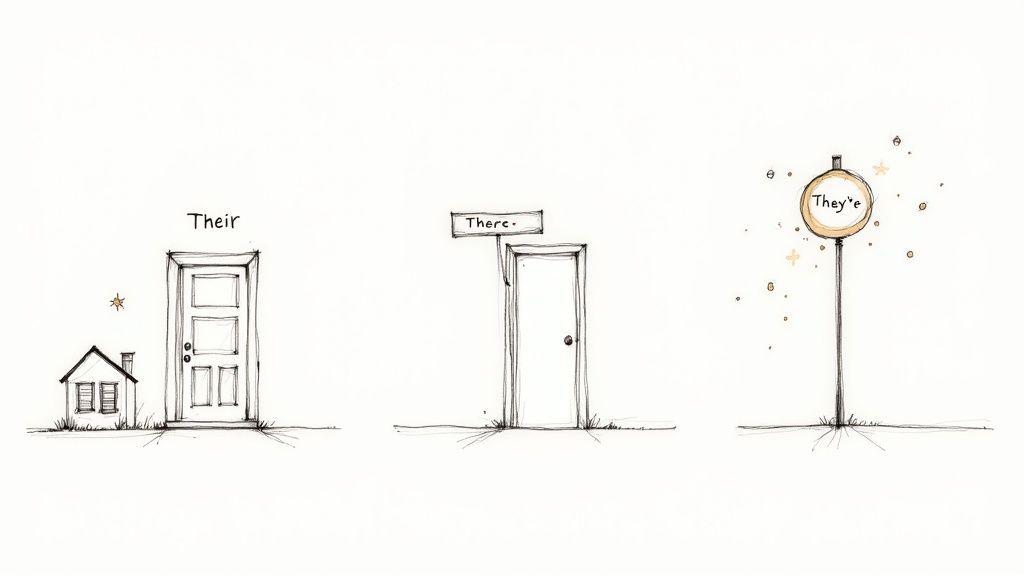 A visual guide distinguishing 'their', 'there', and 'they're' using a house, doors, and a sign.