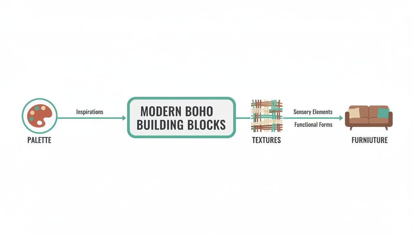 A flow chart illustrating the modern boho interior design process, from palette to textures and furniture.