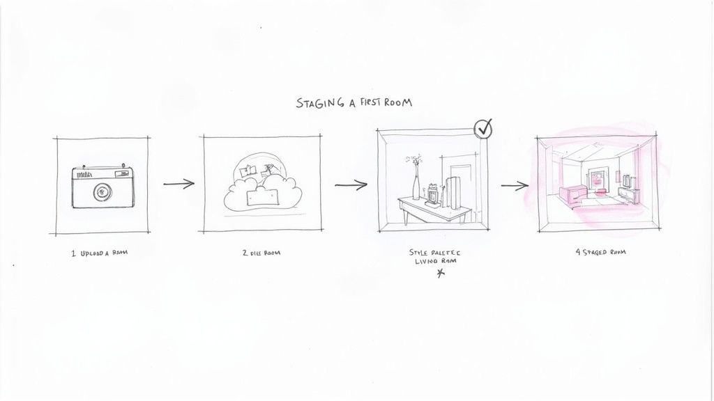 A hand-drawn diagram illustrating four steps of virtual room staging, from uploading an image to a fully furnished room.